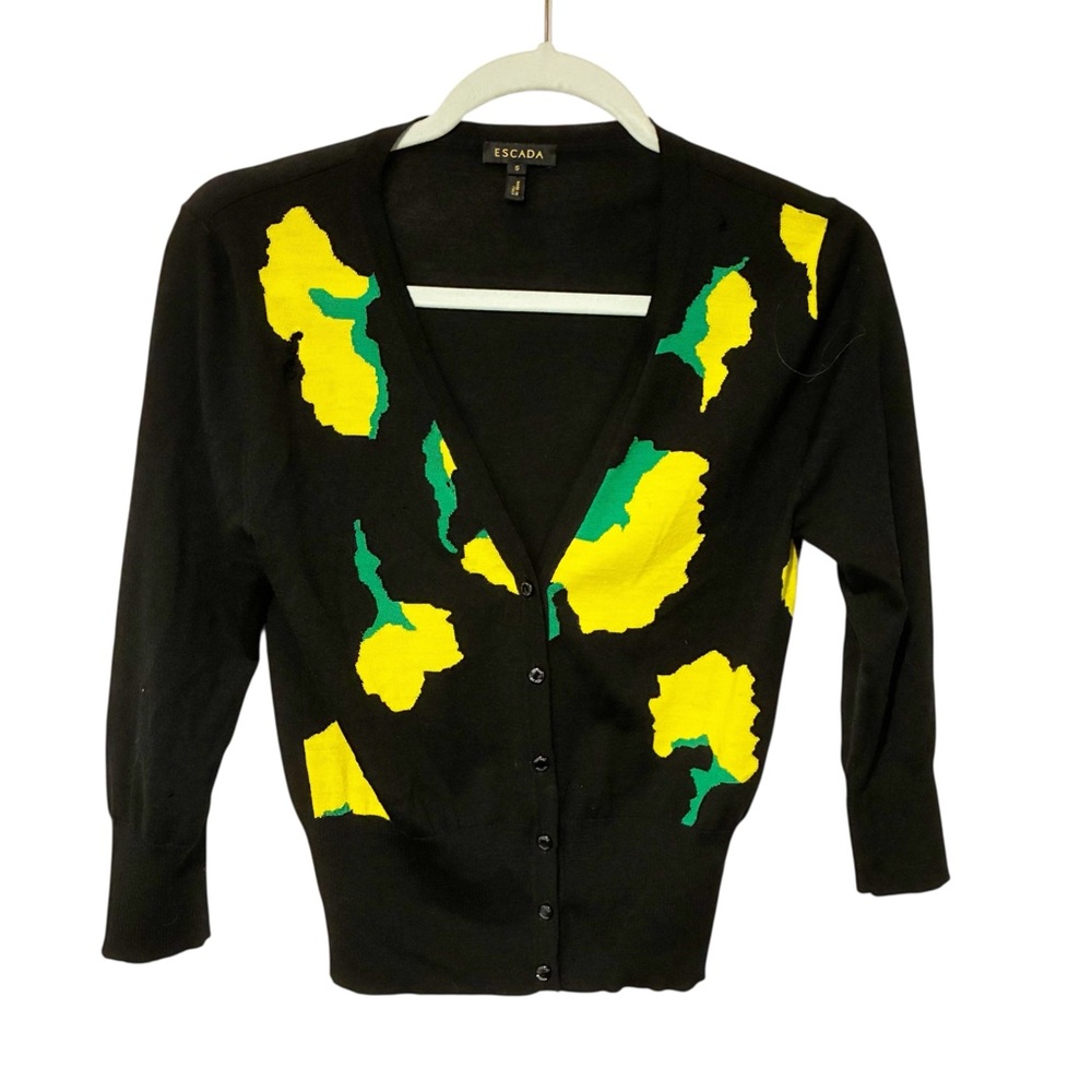 Escada Women’s Black Lemon Print Virgin Wool V Neck Cardigan Sweater Small‎